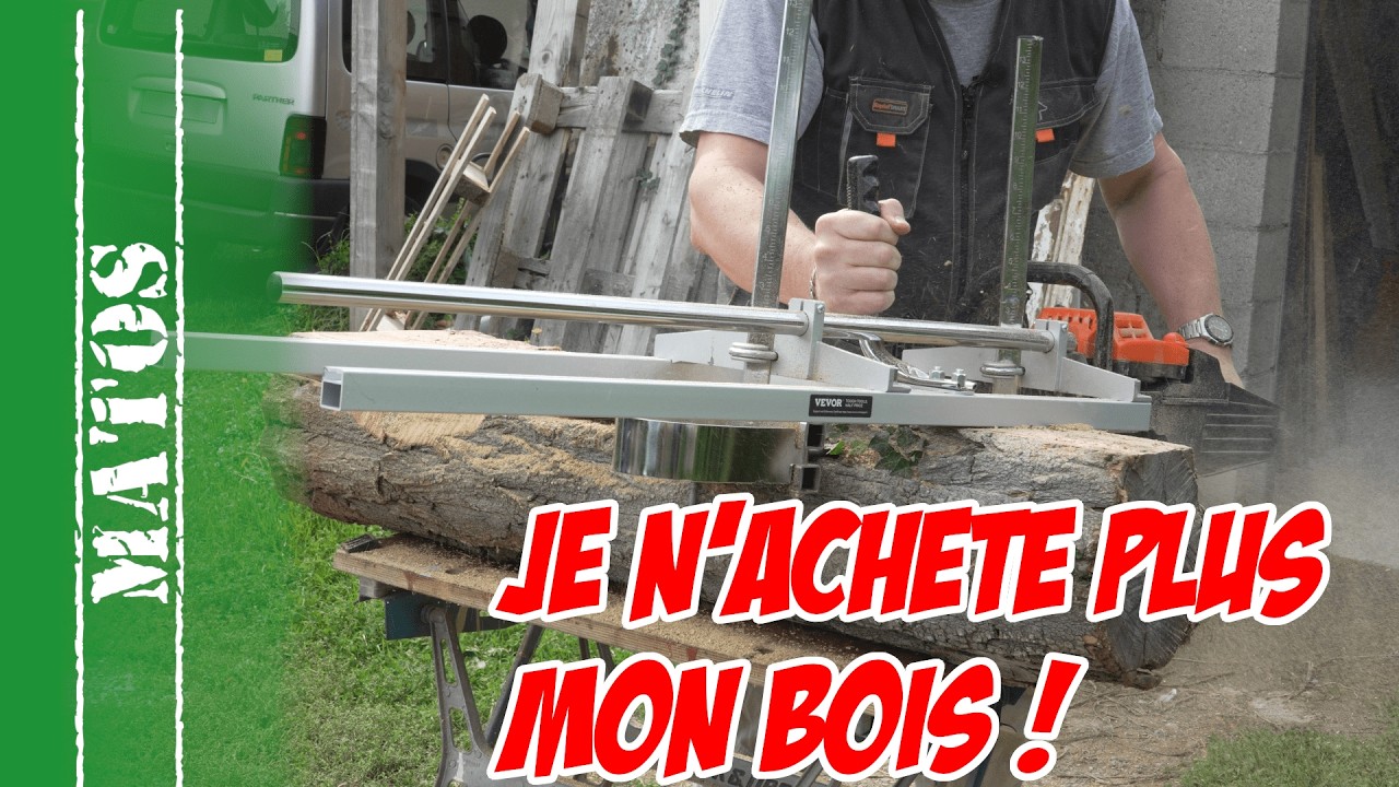 YouTube post by @Hetreounepalette for VEVOR. Caption reads: A mini sawmill at home - Vevor log mill.