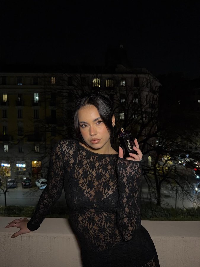 Instagram post by @rebecca.parziale for Mugler. Caption reads: Before a night out with @muglerofficial #adv....