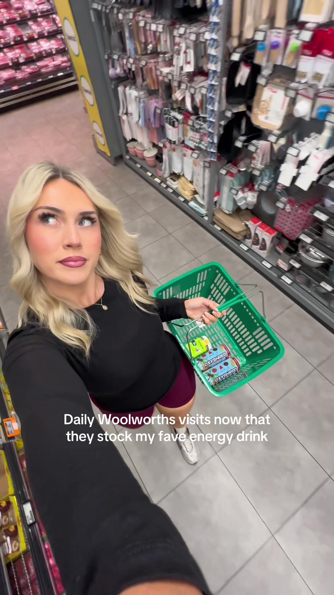 TikTok post by @myia.sherie for OxyShred Energy. Caption reads: [...] it here🤭 @Woolworths New Zealand @OxyShred....