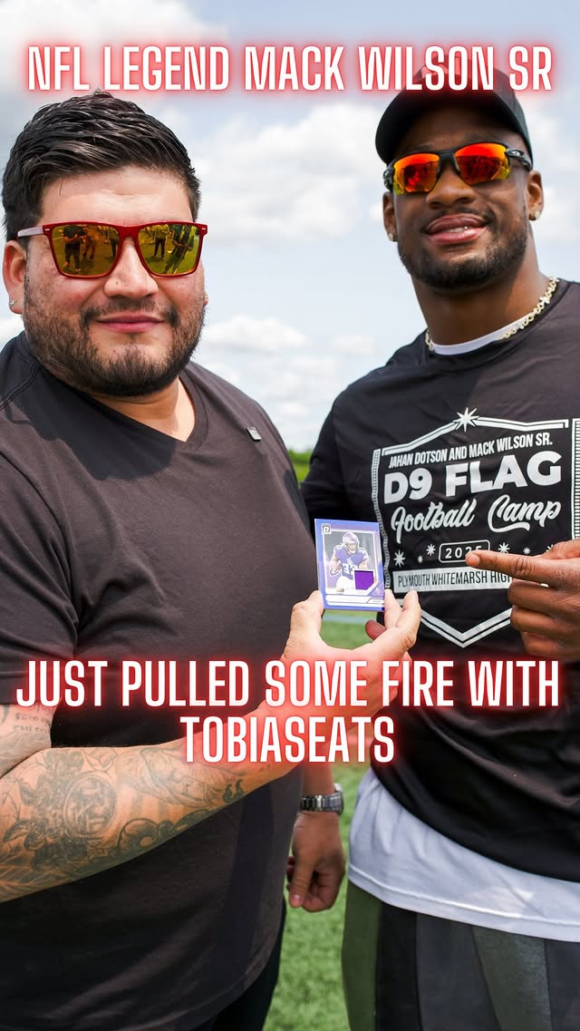 Instagram post by @tobiaseats for Panini America. Caption reads: [...] hobby game 🎯🏈 We cracked a pack of....