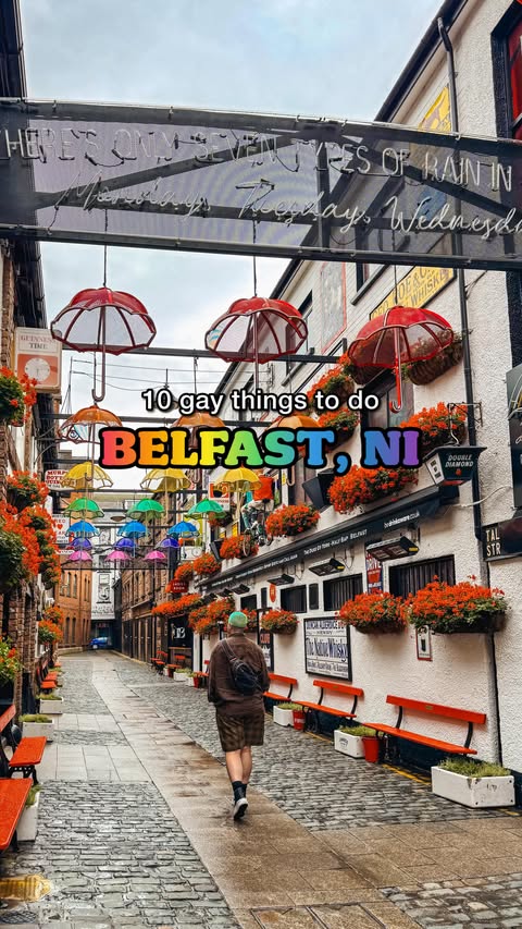 Instagram post by @explorewithchase for Discover Northern Ireland. Caption reads: [SAVE/SHARE] 10 GAY THINGS TO DO IN BELFAST,....
