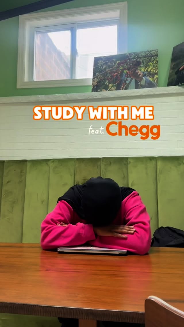 Instagram post by @aminapa.c for Chegg. Caption reads: STUDY WITH ME FEAT @chegg #CheggCreator,....