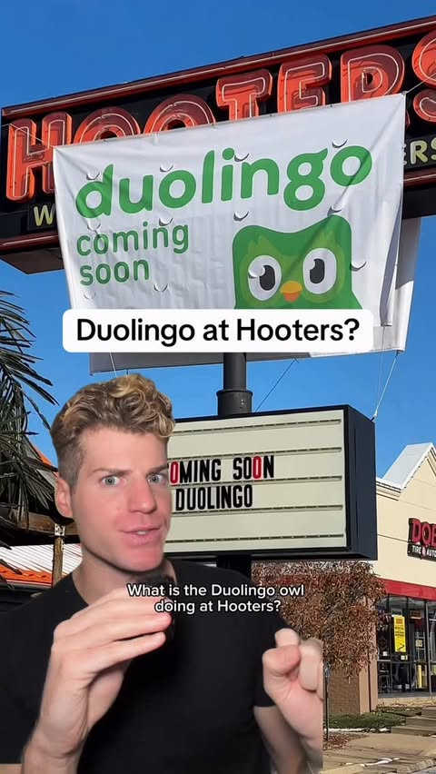 Instagram post by @louislevanti for Duolingo. Caption reads: Duolingo vs. Hooters?! 👀 What do you guys think....
