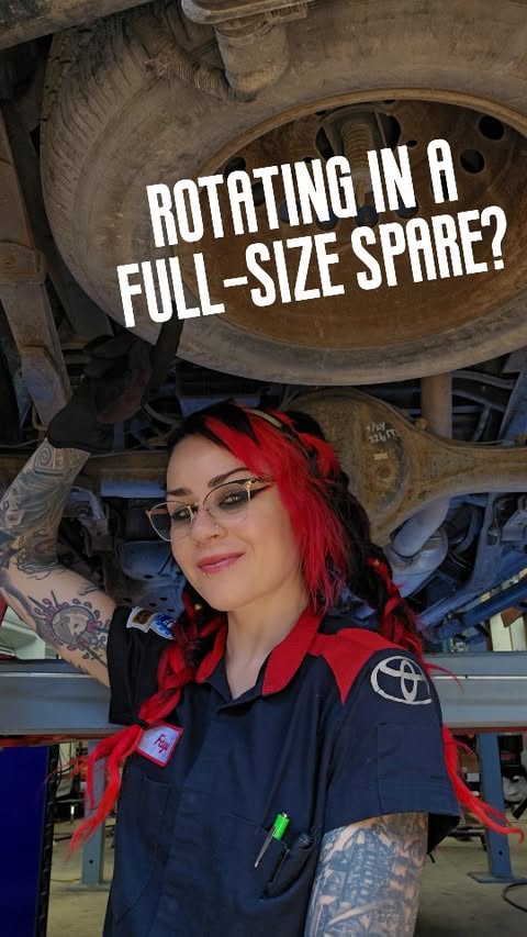 Instagram post by @pistonsandpixiedust for Toyota USA. Caption reads: [...] #fullsizespare #5wheeltirerotation....