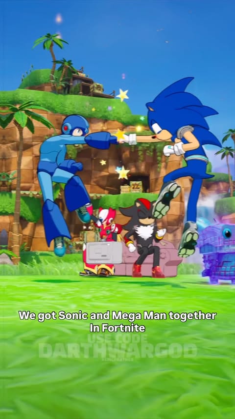 Instagram post by @darthwargod for Fortnite. Caption reads: Sonic and Mega Man In Fortnite #sonic....
