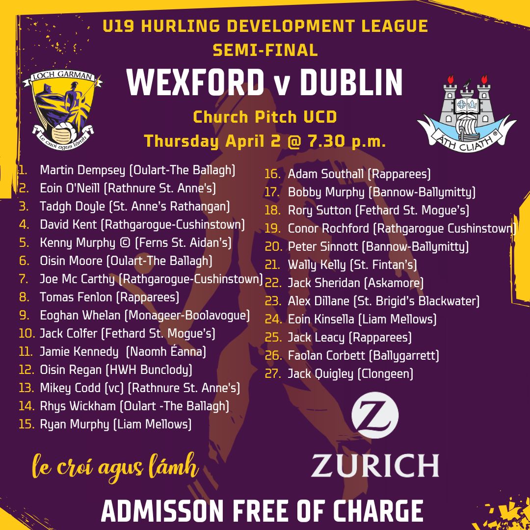 Instagram post by @officialwexgaa for Zurich Insurance. Caption reads: The Wexford U19 team to face Dublin in the....