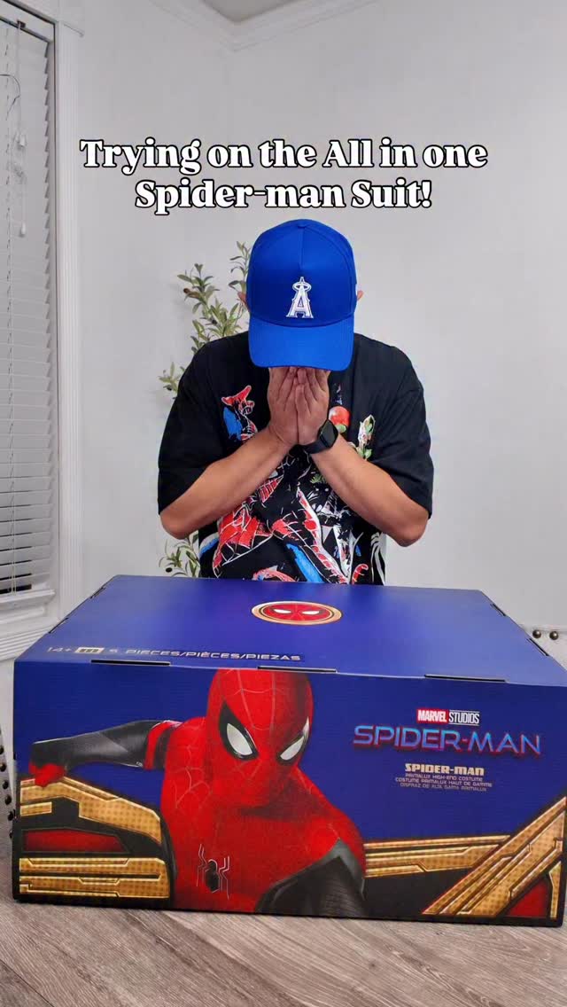 Instagram post by @ultimatespideyy for Jazwares. Caption reads: Trying on @jazwares all in one spider-man suit....