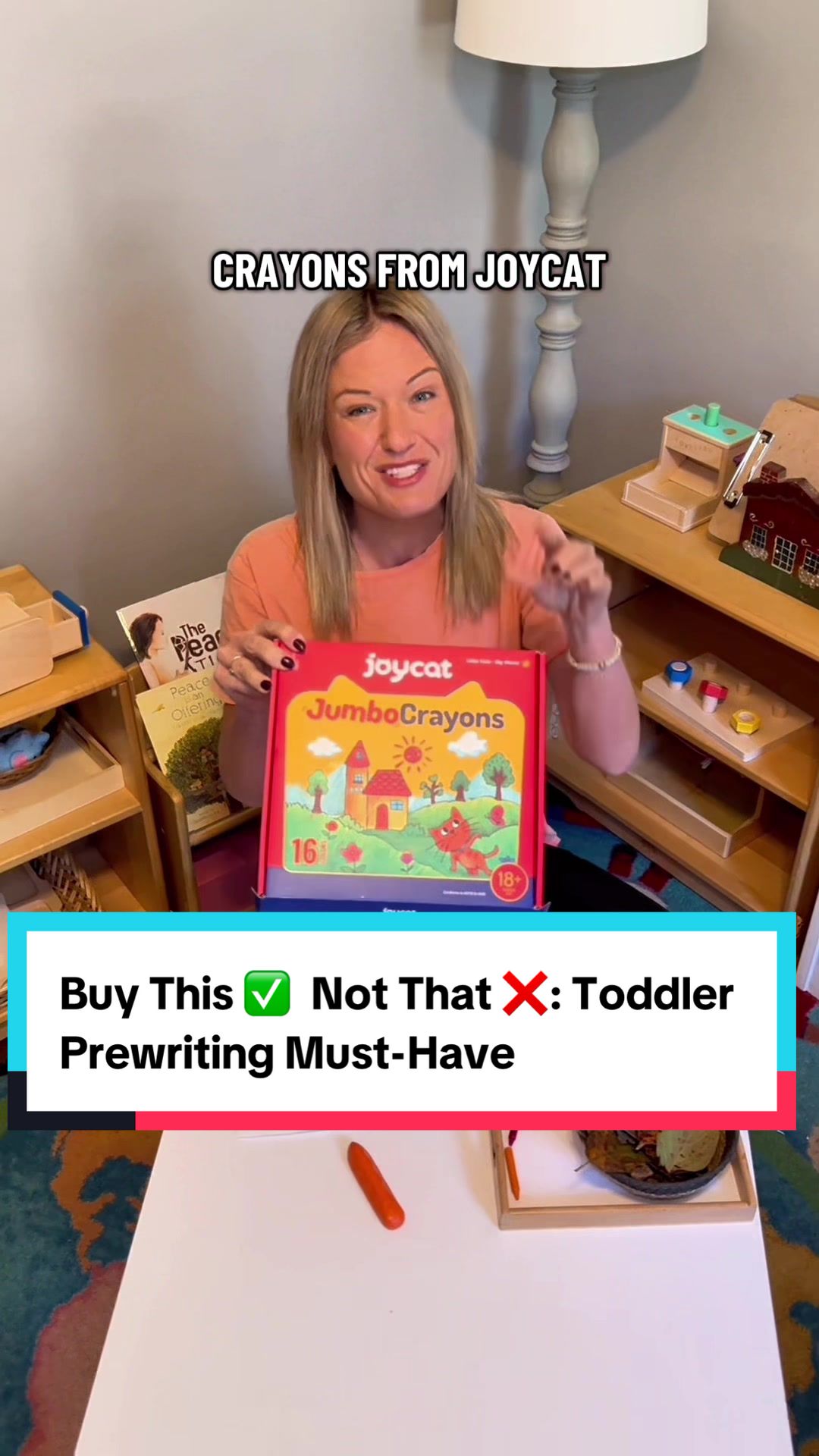 TikTok post by @montessorimissemily for JoyCat. Caption reads: These jumbo triangular crayons from @Joycat....