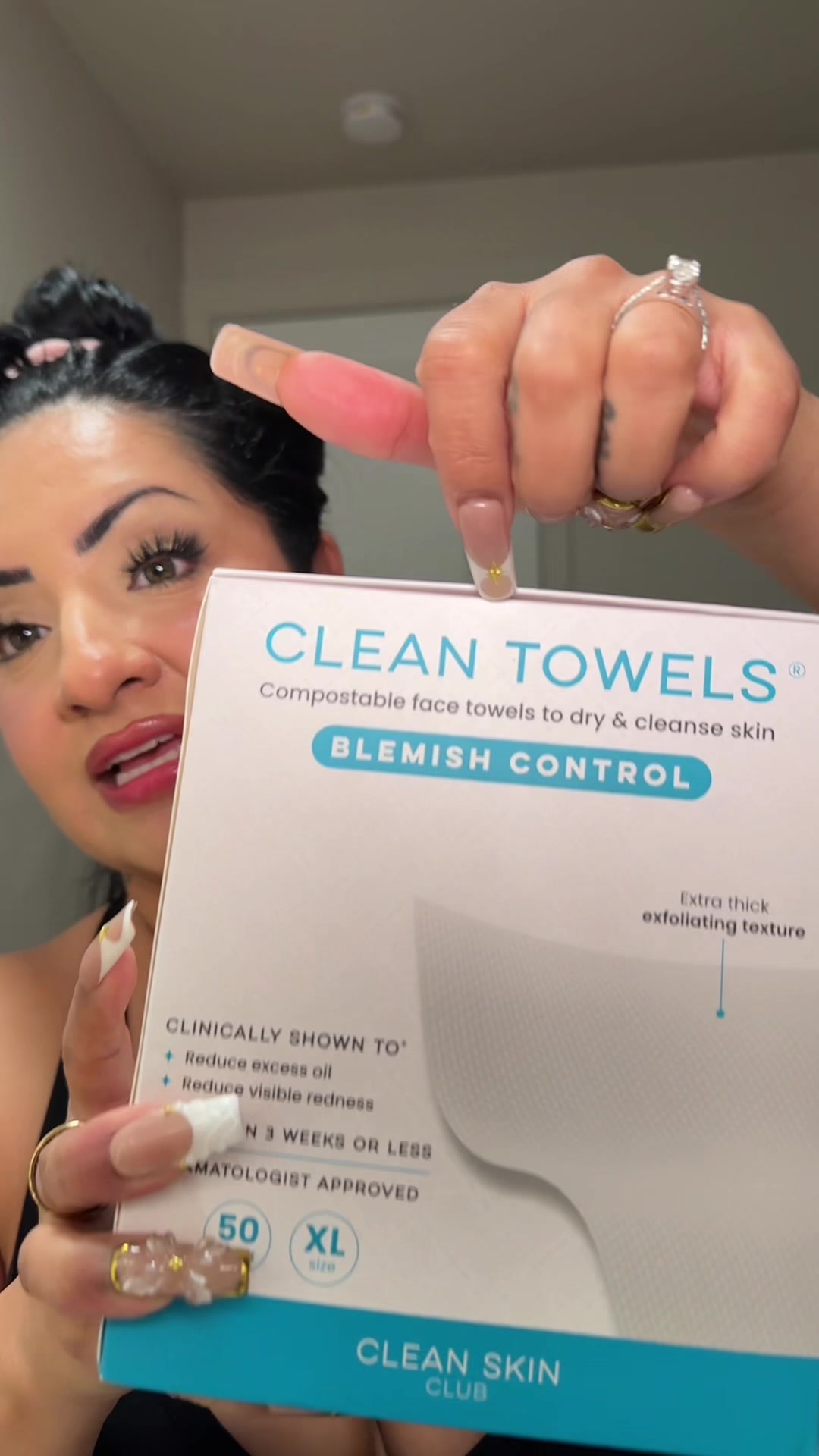 TikTok post by an influencer for Clean Skin Club. Caption reads: Clean Skin Club Blemish Control Towels [...].