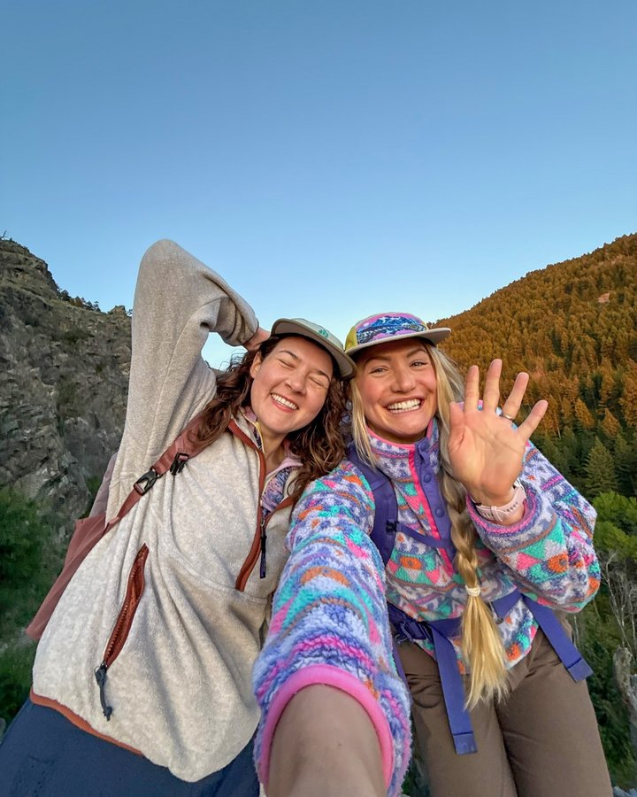 Instagram post by @jaceywest for Outdoor Voices. Caption reads: “Meet me in Montana?” 🤠 1. @rachel.pohl and I....
