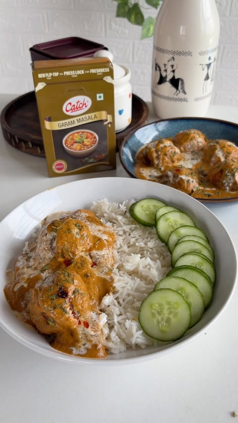 Instagram post by @shemusttry for Catch Foods. Caption reads: Creamy North Indian Malai Kofta 🤍 Ingredients....