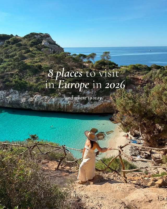 Instagram post by @takemyhearteverywhere for Radisson. Caption reads: 8 Places to Visit in Europe in 2026 🌞✈️
(⬇️ Save....