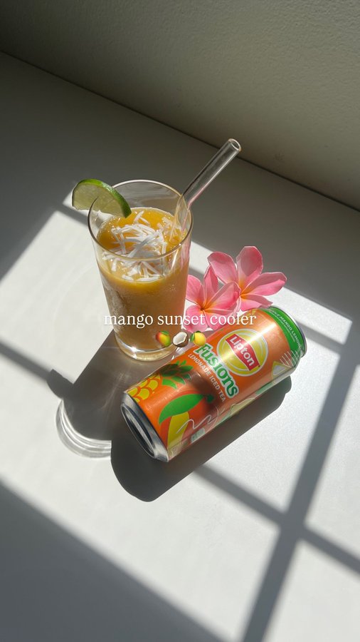 Instagram post by @leighannk_ for Lipton Iced Tea. Caption reads: #liptonpartner MANGO SUNSET COOLER 🥭🥥🍋

if....