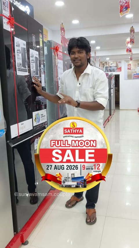 Instagram post by @suryavamsam.couple for Sathya Retail. Caption reads: Full moon sale is here @sathya.retail UP TO 70%....