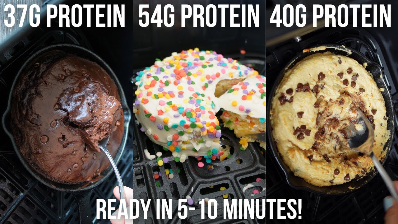 YouTube post by @FitFoodAE for PEScience. Caption reads: 4 High Protein, Low Calorie Air Fryer Dessert....