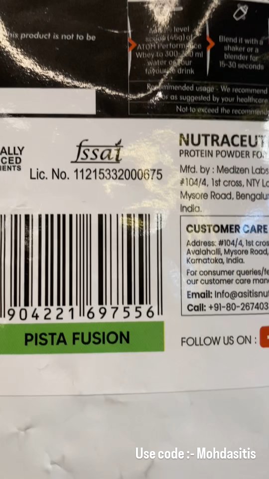 Instagram post by an influencer for Atom by AS-IT-IS. Caption reads: Atom Whey Protein pista fusion 1kg use my code :-....