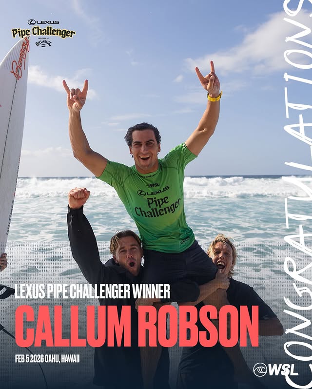 Instagram post by @callummrobson for World Surf League. Caption reads: CALLUM’S DONE IT 🏆 @callummrobson winner of the....