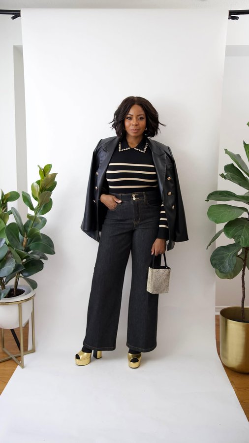 Instagram post by @bymeaux for Melanie Lyne. Caption reads: [...] denim. 🙌🏾

I’m styling these....