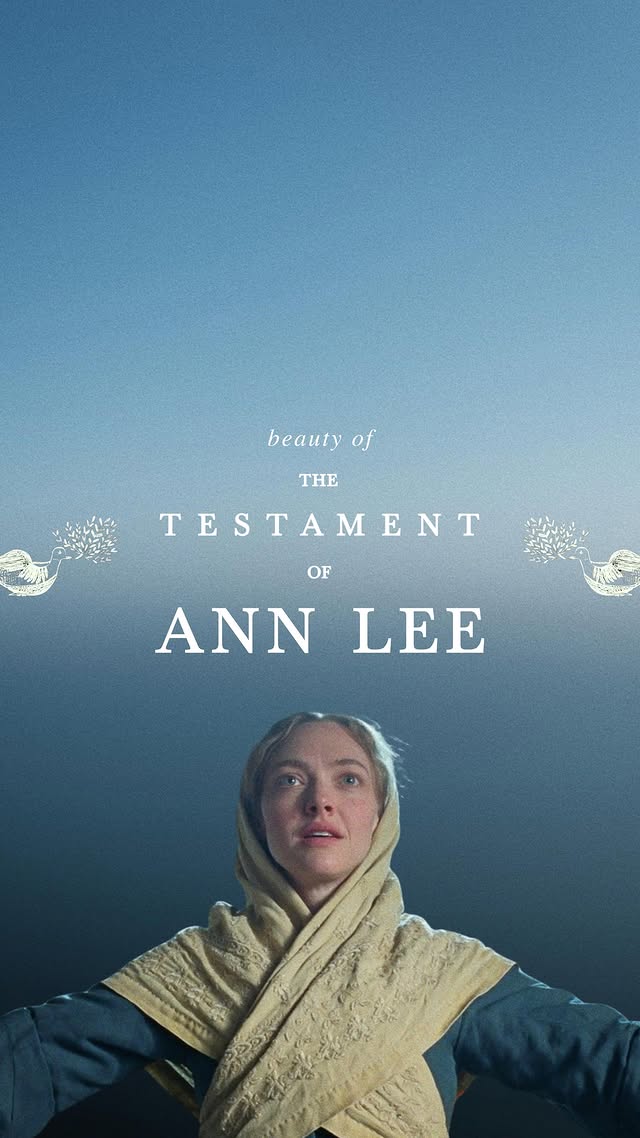 Instagram post by @filmtvrate for Searchlight Pictures. Caption reads: Beauty of The Testament of Ann Lee 🕯️📜✨ Amanda....