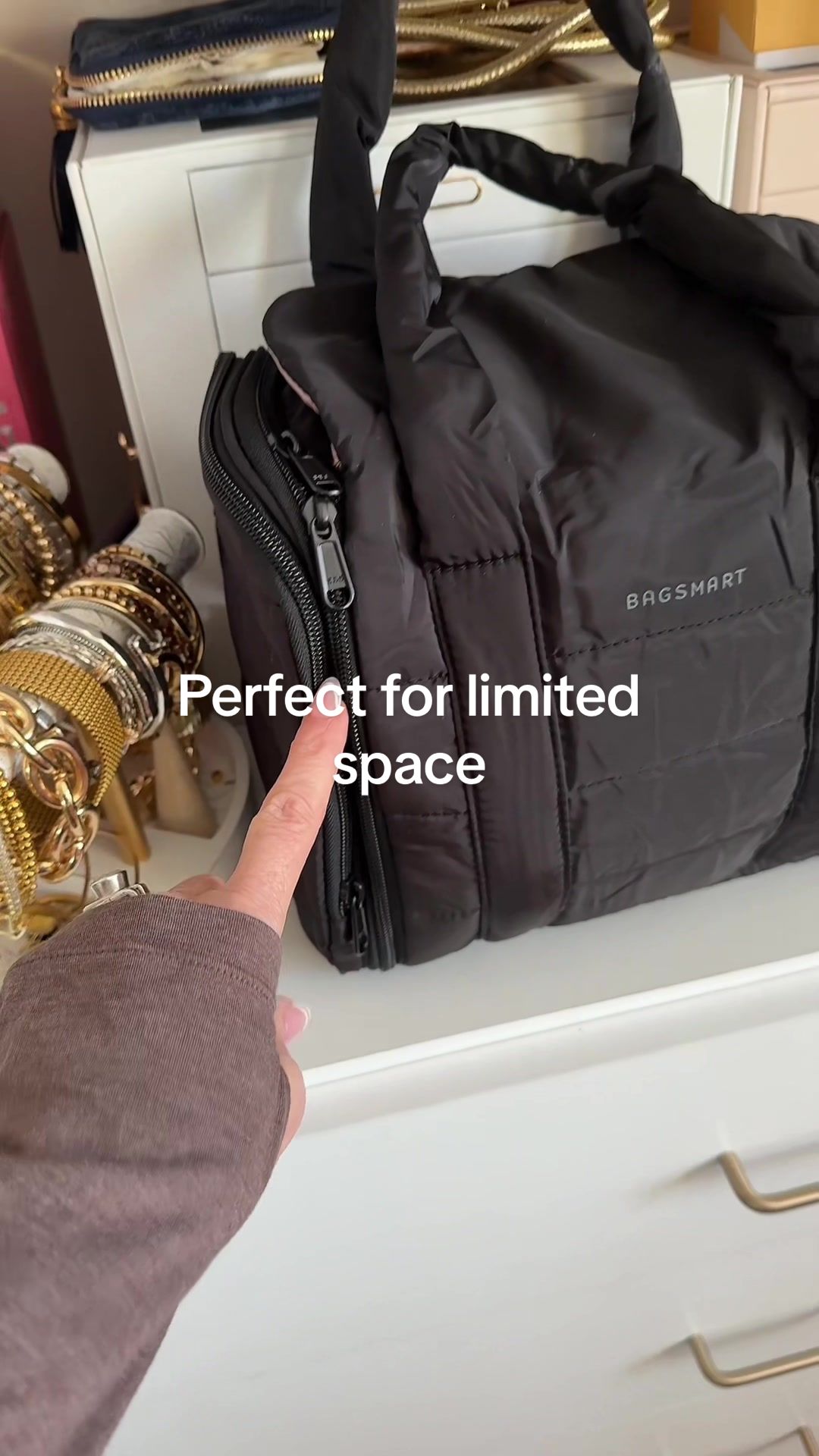 TikTok post by @aestheticaleestyled for Bagsmart. Caption reads: @BAGSMART the perfect toiletry bag for limited....