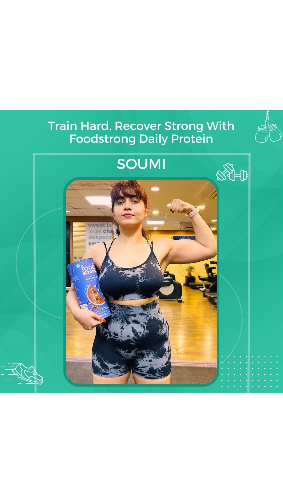 Instagram post by @getfitwithsoumi for foodstrong. Caption reads: [...] muscle mass and strength. I trust....