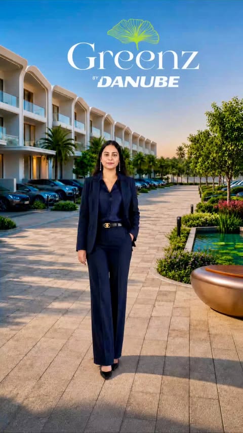 Instagram post by @rachna.panday for Danube Properties. Caption reads: [...] you live here? 🌴✨ #GreenzByDanube....