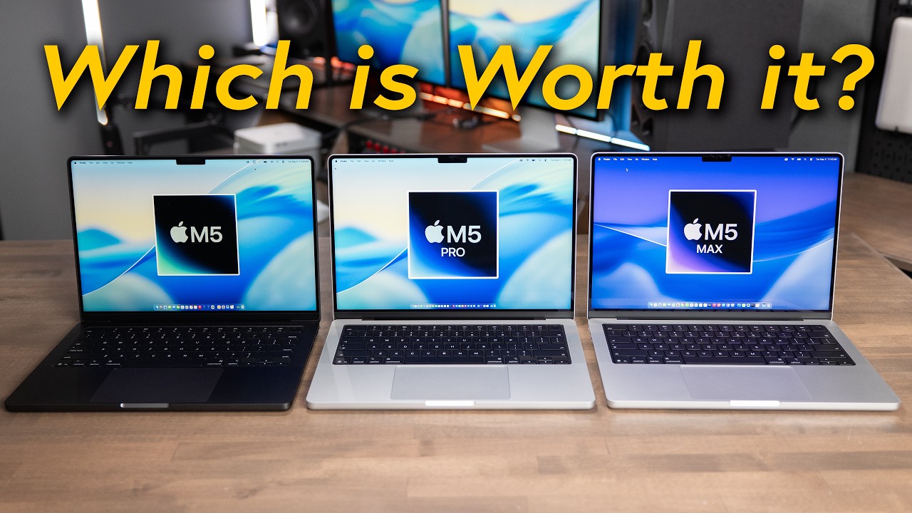 YouTube post by @adamtalkstech for B&H EDU Advantage. Caption reads: Don't Buy the Wrong MacBook Pro: M5 vs M5 Pro vs....