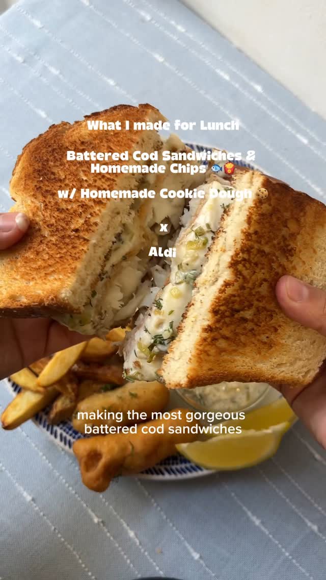 Instagram post by @nishatcooks for Aldi UK. Caption reads: Homemade Battered Cod Sandwiches & Chips 🐟🍟, w/....