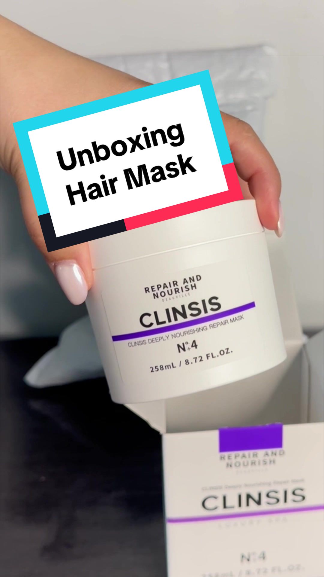 TikTok post by @cfamilylove for CLINSIS. Caption reads: Unboxing the CLINSIS N4 Hair mask so excited for....