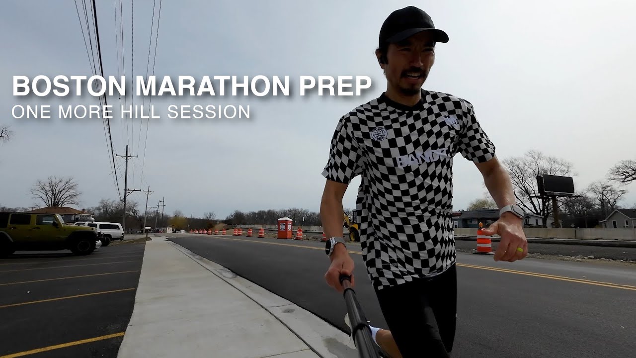 YouTube post by @kofuzi for Bandit Running. Caption reads: Boston Marathon Prep - One More Hill Session.