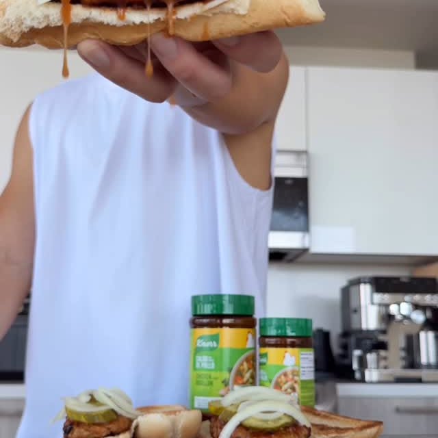 Instagram post by @cooklikeimbook for Knorr. Caption reads: The rib sandwich may never come back after this....