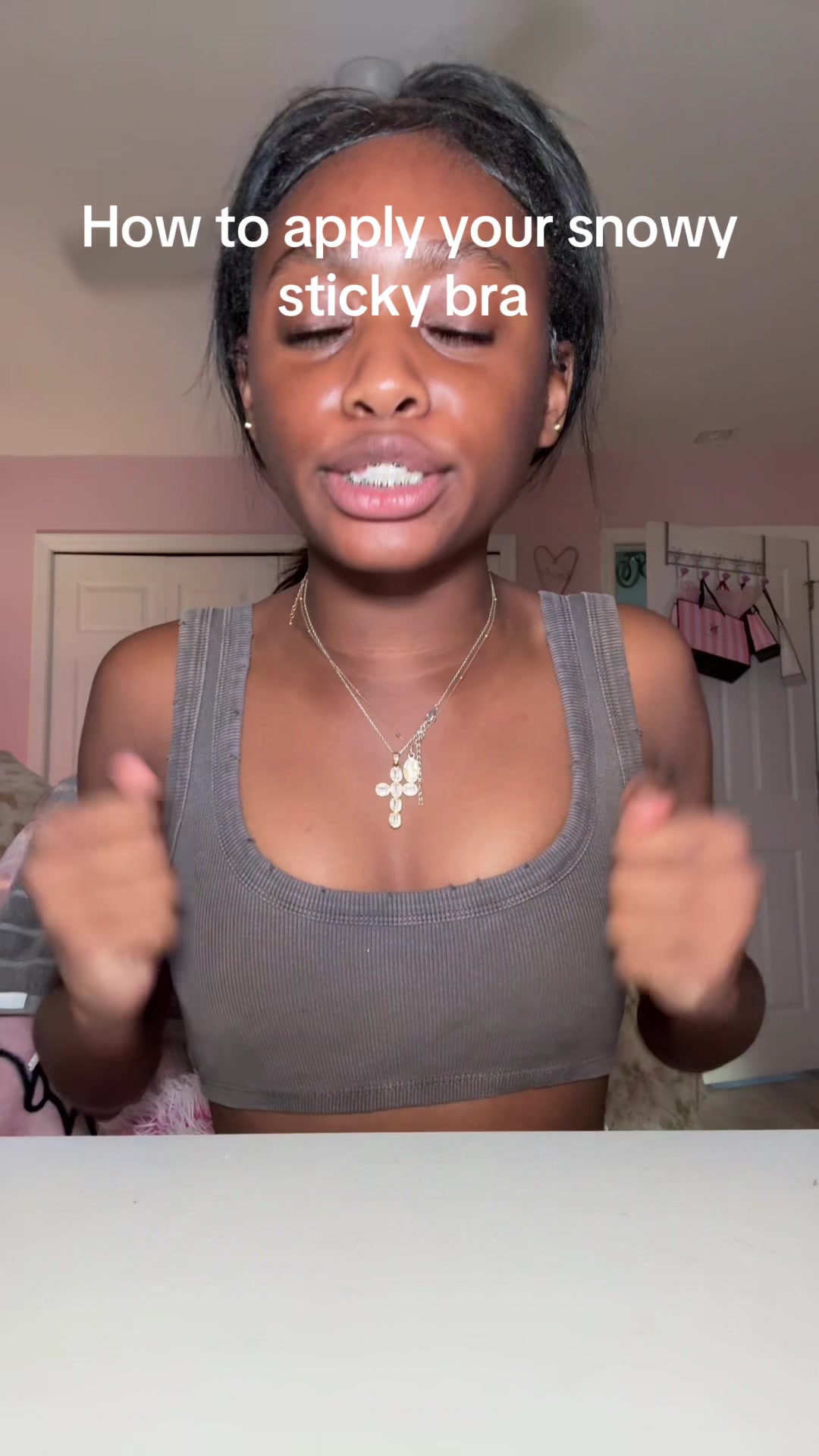 TikTok post by @zizi_michelle for Snowy Care. Caption reads: #stickybra #stickybrainserts #fyp....