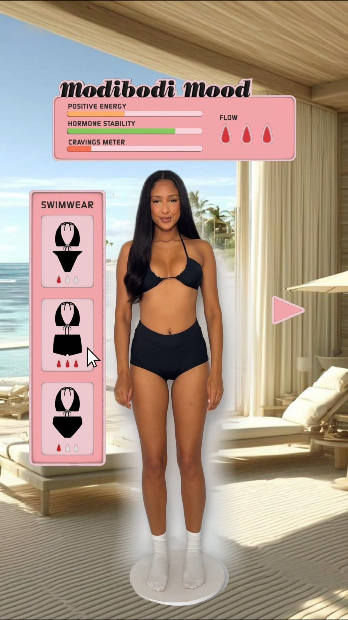 Instagram post by @antoinette.victoria for Modibodi. Caption reads: Levelling up my beach days in @modibodi swimwear.....