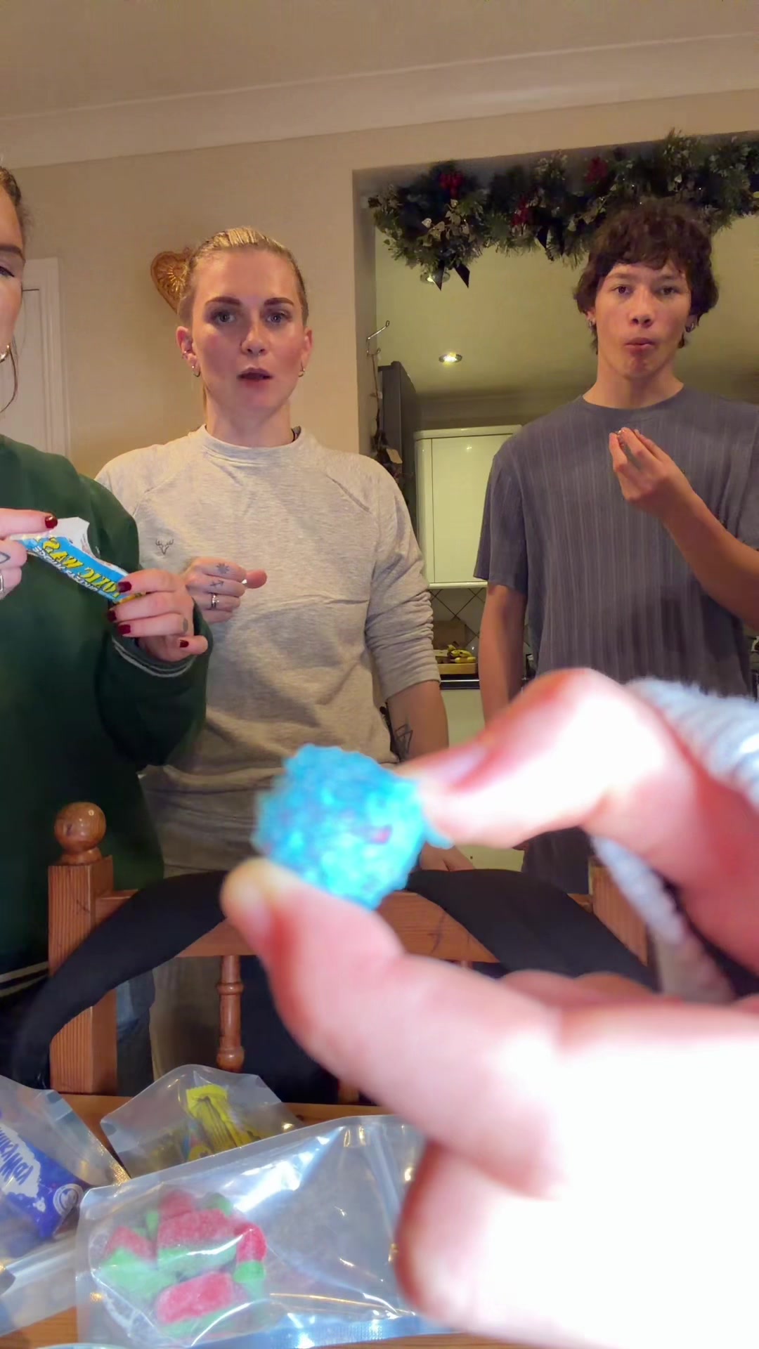 TikTok post by @gracekelly_mcguire for ChamoyGuysUK. Caption reads: Family freeze dried taste test @ChamoyGuysUK ❤️ .