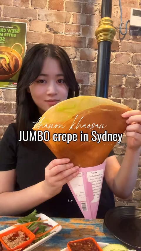 Instagram post by @sydneysfoodscene for FCBA Community. Caption reads: was at thanon khaosan📍 ☆ ‼️jumbo crepe at this....