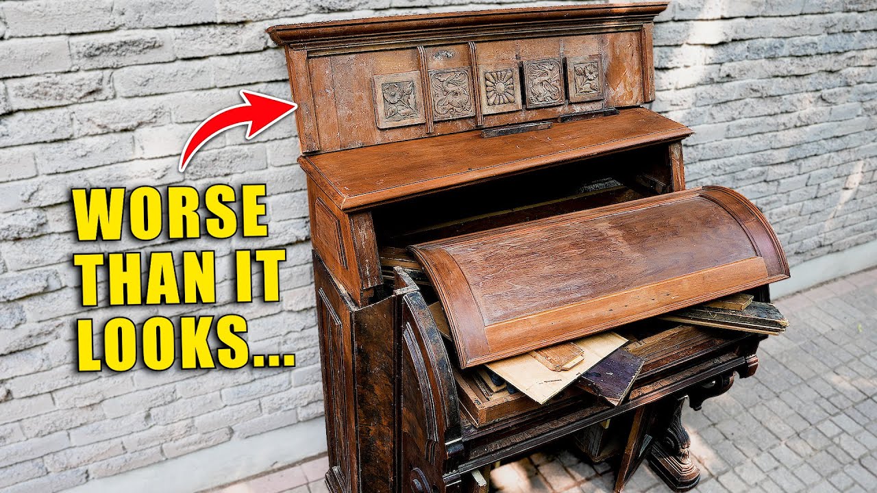 YouTube post by @ModernMakeovers for SurfPrep sanding. Caption reads: Restoring a 19th Century Victorian Organ… How hard....