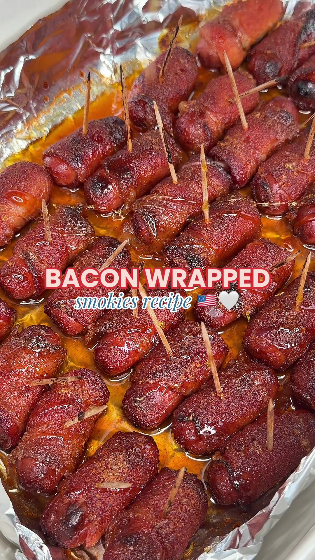 TikTok post by @mealsbyrachael for Mike's Hot Honey. Caption reads: BACON WRAPPED SMOKIES 🇺🇸🤍 happy 4th of July!!....