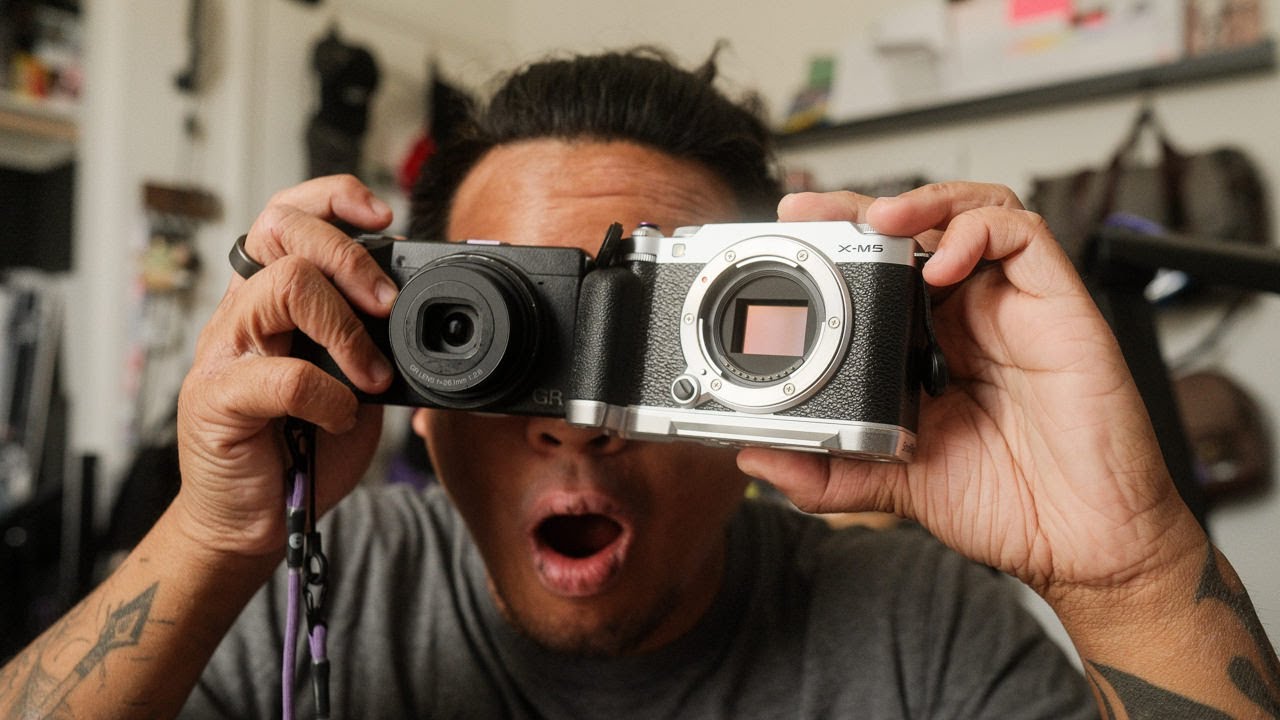 YouTube post by @Reggiebphoto for Thinkific. Caption reads: Ricoh GR III & IIIx vs Fujifilm XM5: Which Camera....