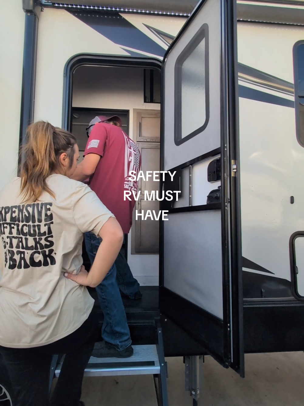 TikTok post by @theslegersfam for RVLock. Caption reads: Living in a camper. . . . @RVLock & CO, LLC We....