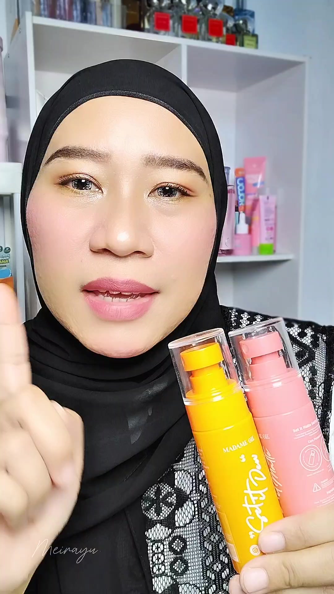 TikTok post by @meirayu2 for Madame Gie Cosmetics. Caption reads: Definisi murah tapi bagus, makeup awet seharian 😍....