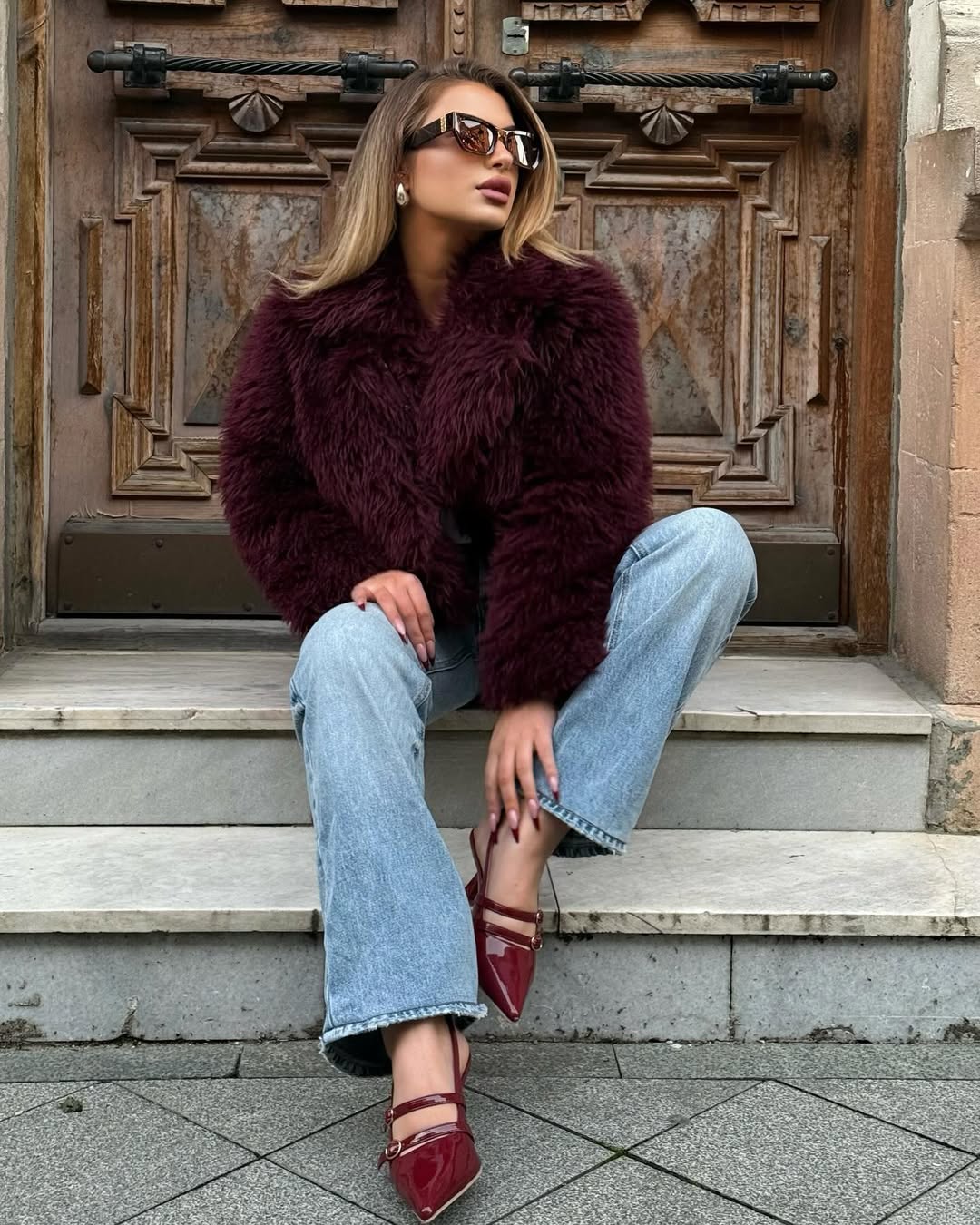 Instagram post by @megivarshanidze for Cuccoo. Caption reads: coat @shein_us 🍇
Coupon Code :𝐌𝐞𝐠𝐢BFF
shoes....