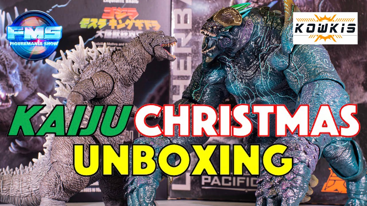 YouTube post by @FigureManiaShow for Super7. Caption reads: KAIJU Christmas Unboxing from KOWKISTOY .