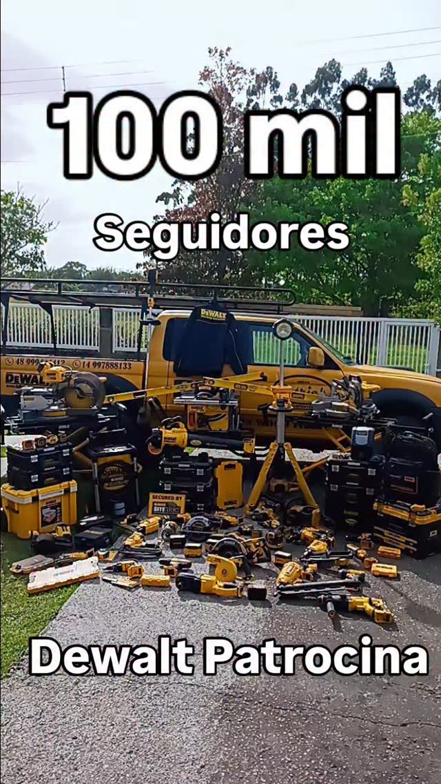 Instagram post by @patrickhardworkcarpenter for DEWALT. Caption reads: 100k a Dewalt Patrocina compartilha e já seguem....