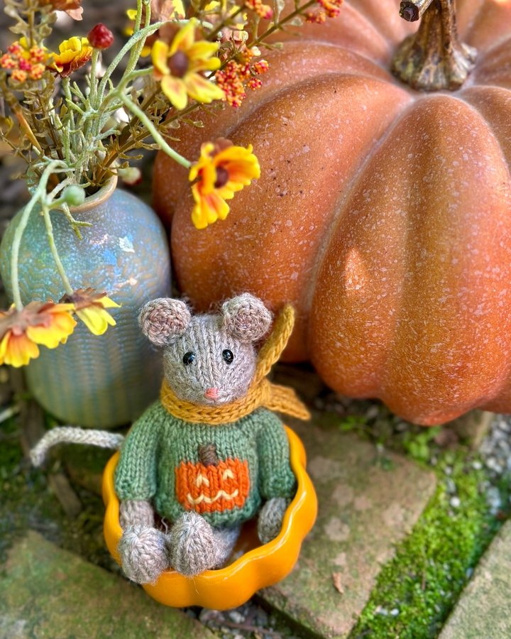 Instagram post by @warmwoolenwishes for Knit Picks. Caption reads: New autumn mouse in the house! Available now in my....