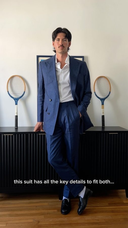 Instagram post by @harrytoohey for The Black Tux. Caption reads: #ad this season, @theblacktux is serving up suits....