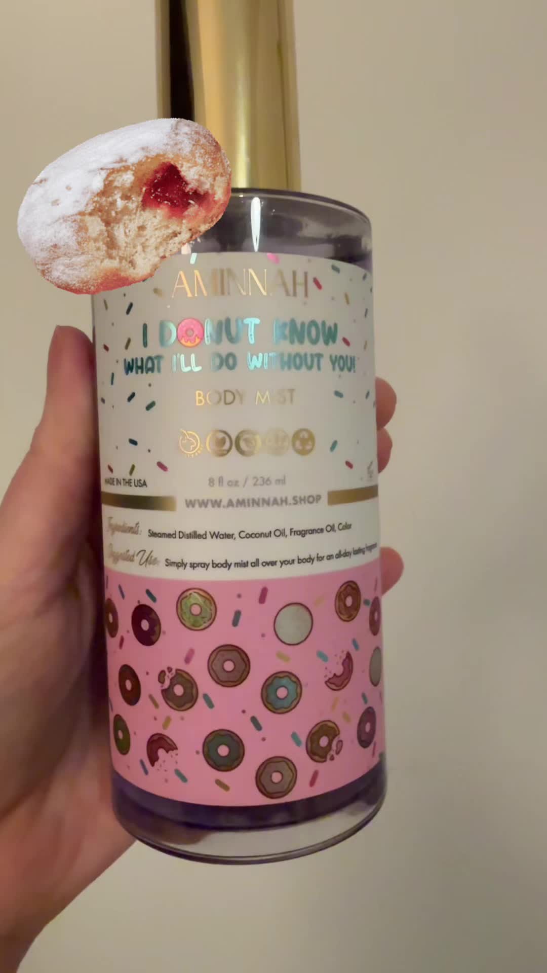 TikTok post by @l.a.u.r.e.n.s.life for Aminnah. Caption reads: #donut @AMINNAH SKINCARE #perfumetiktok #gourmand....