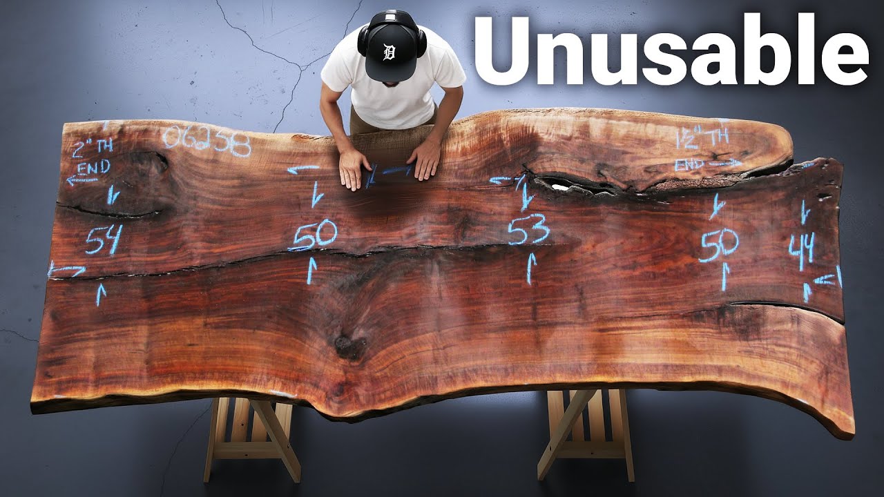 YouTube post by @Foureyes.Furniture for Podia. Caption reads: This Slab Was Certified Hot Garbage™.