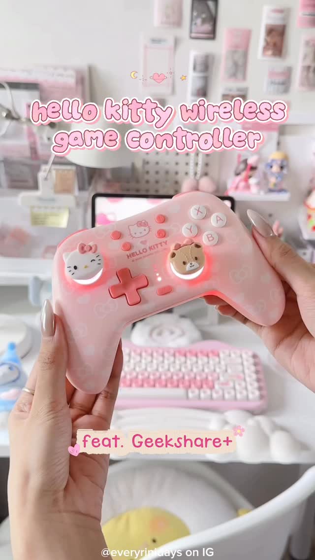 Instagram post by @everyrinidays for GeekShare. Caption reads: — cutest hello kitty wireless game controller....