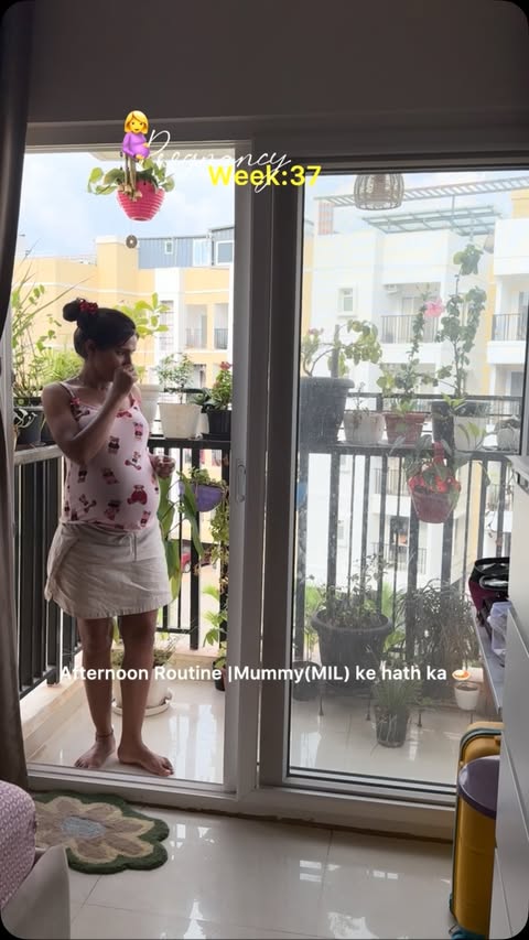 Instagram post by @myra_sharma_09 for Akshayakalpa Organic. Caption reads: 37th week afternoon routine 🤰🏻💗 Mummy ke haath....