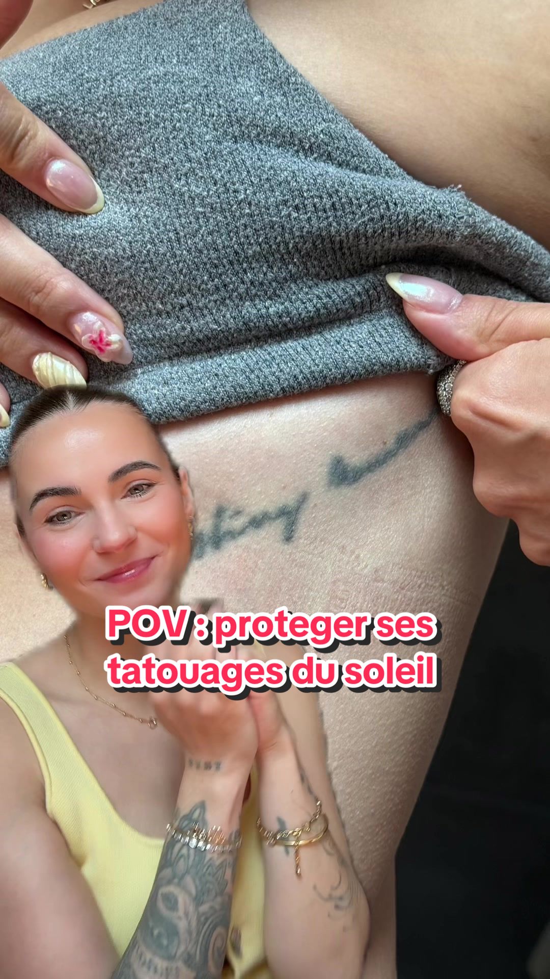 TikTok post by @charlotte.vidl for Avène. Caption reads: Tatouages + soleil = cata 🥵 la meilleure....